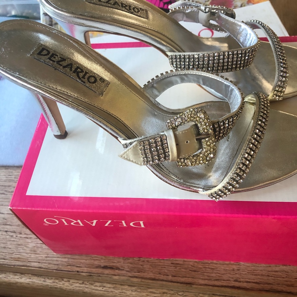 Silver leather slip on high heeled sandals